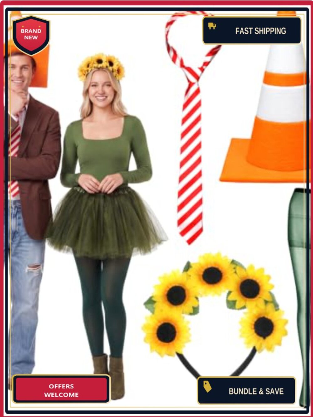 Halloween Sunflower Costume Accessory Set - Cone Hat, Headband, Tie, Tights